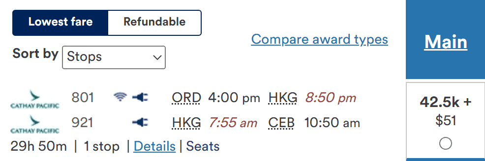 Cathay Pacific flight itinerary from Chicago (ORD) to Cebu (CEB) with a layover in Hong Kong (HKG), costing 42,500 miles plus $51.