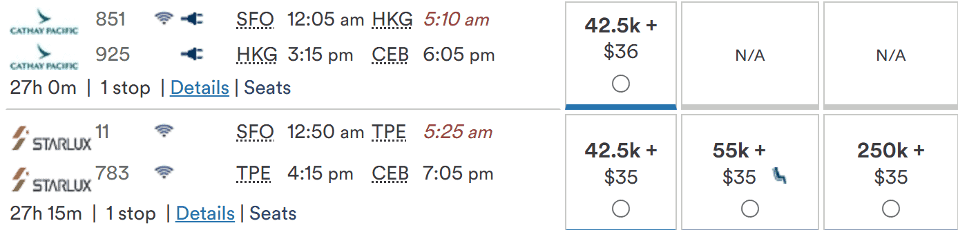 Flight options from San Francisco (SFO) to Cebu (CEB) showing itineraries for Cathay Pacific and Starlux Airlines with fares for different classes.