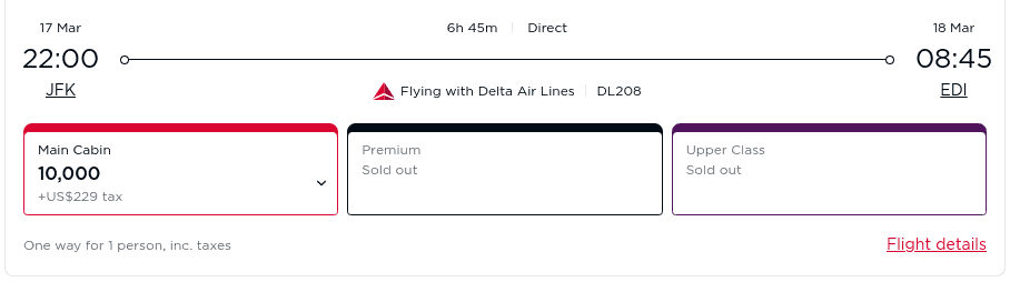 Delta Air Lines award flight from New York JFK to Edinburgh EDI for 10,000 miles plus taxes