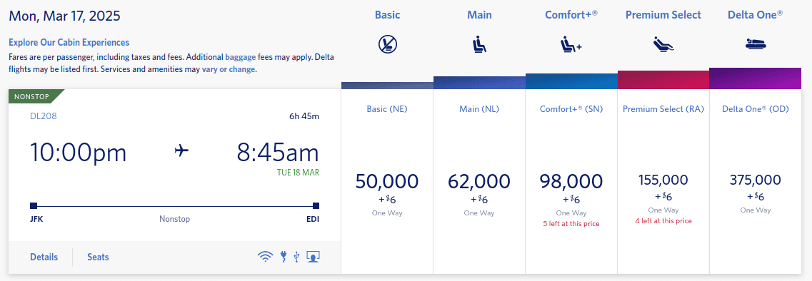 Delta Air Lines award flight chart from New York JFK to Edinburgh showing mileage options for different cabin classes.