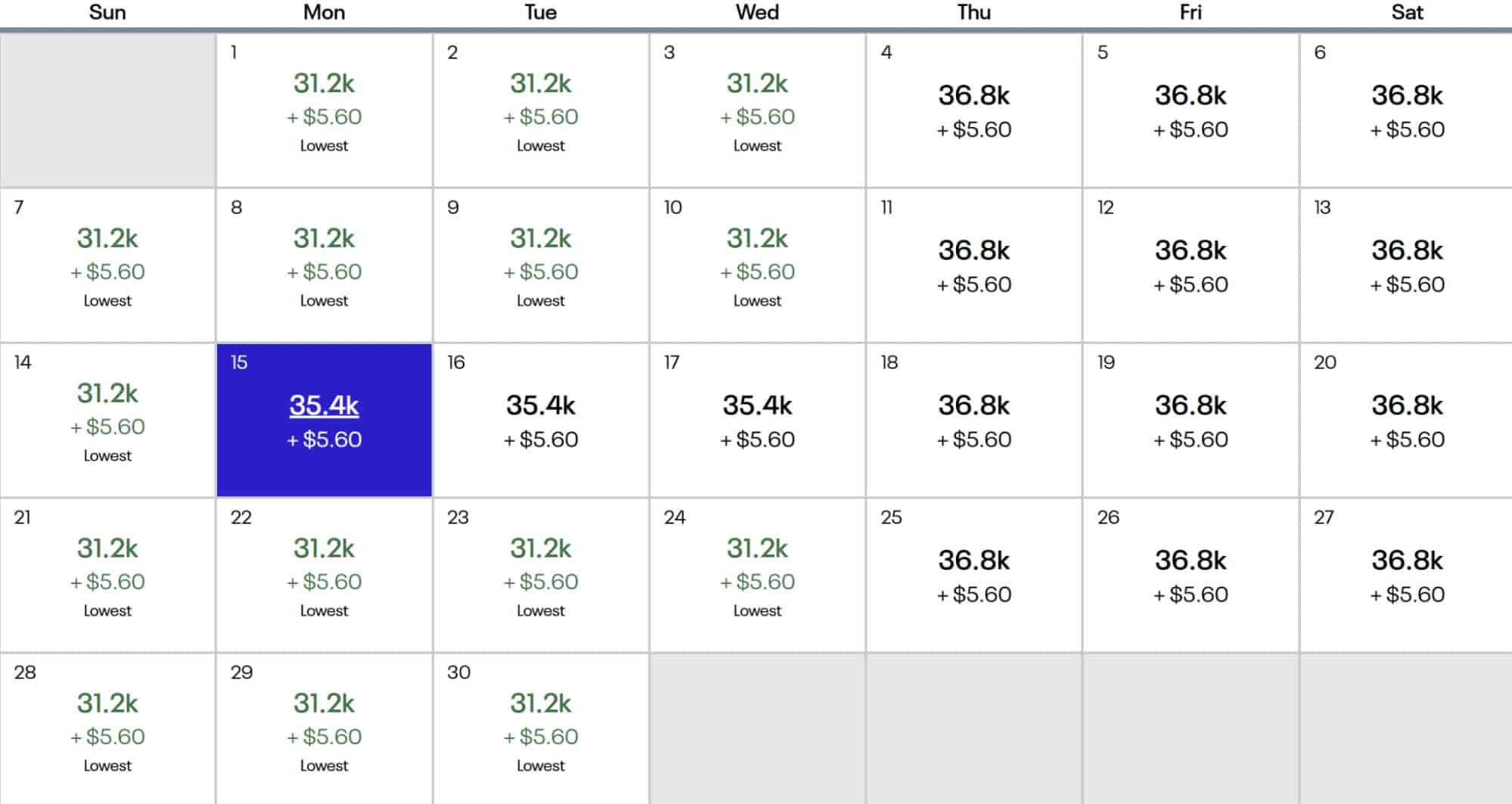 Delta SkyMiles award calendar for September 2025 showing lowest redemption rates and fees.