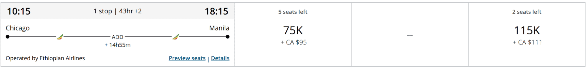 Ethiopian Airlines flight itinerary from Chicago (ORD) to Manila (MNL) with fares for economy and business class.