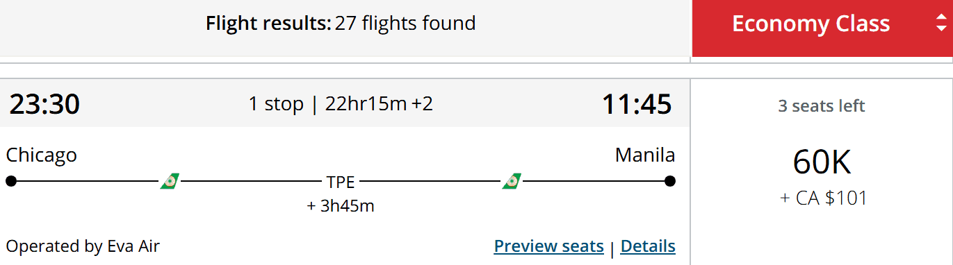 Eva Air flight itinerary with one stop from Chicago (ORD) to Manila (MNL) in economy class, costing 60,000 miles plus CA $101.