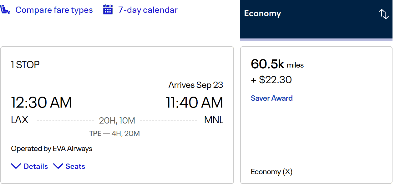 EVA Airways flight itinerary with one stop from Los Angeles (LAX) to Manila (MNL) in economy class, costing 60,500 miles plus $22.30.
