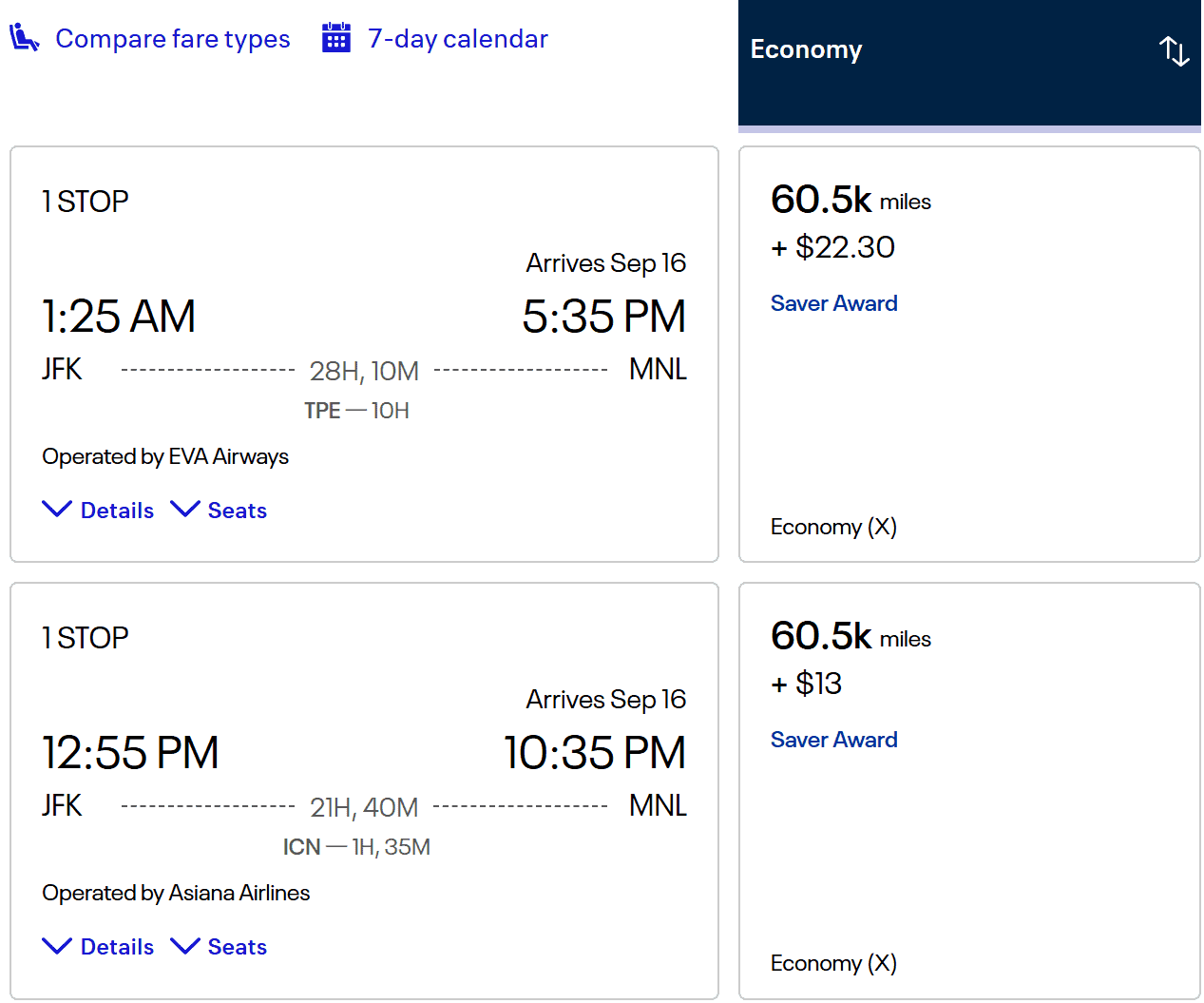 Flight options from New York (JFK) to Manila (MNL) showing itineraries for EVA Airways and Asiana Airlines in economy class.