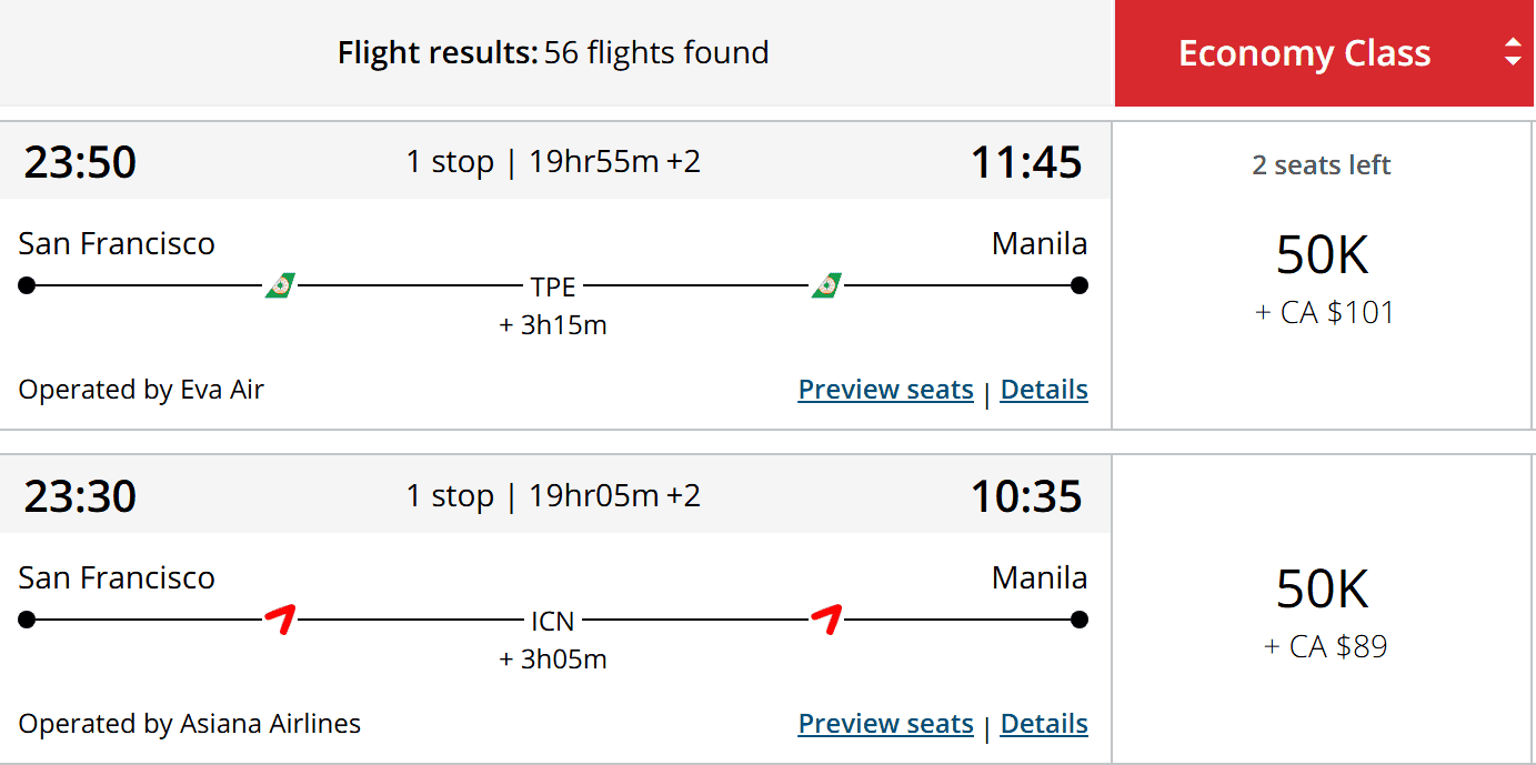 Flight options from San Francisco (SFO) to Manila (MNL) showing itineraries for Eva Air and Asiana Airlines in economy class.