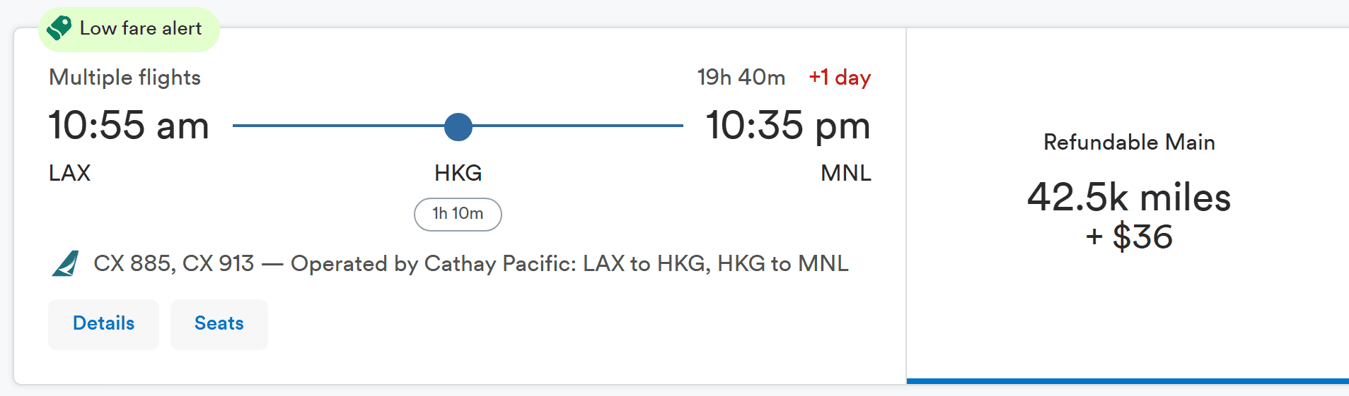 Flight itinerary showing a Cathay Pacific flight from Los Angeles (LAX) to Manila (MNL) with a layover in Hong Kong (HKG), costing 42,500 miles plus $36.