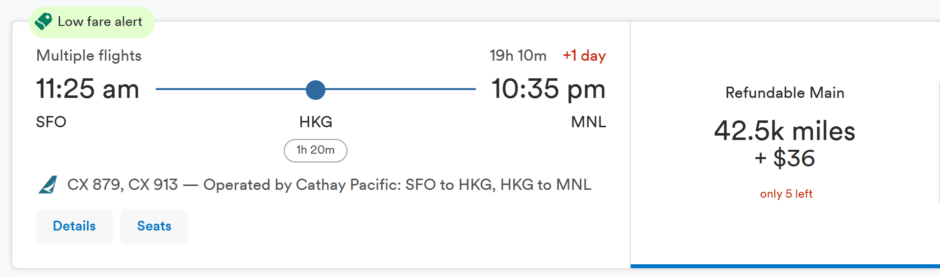 Flight itinerary showing a Cathay Pacific flight from San Francisco (SFO) to Manila (MNL) with a layover in Hong Kong (HKG), costing 42,500 miles plus $36.