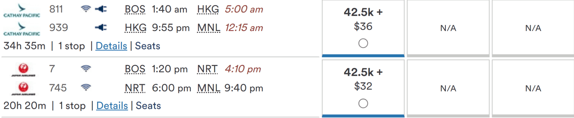 Flight options from Boston (BOS) to Manila (MNL) showing Cathay Pacific and Japan Airlines itineraries with layovers and costs.