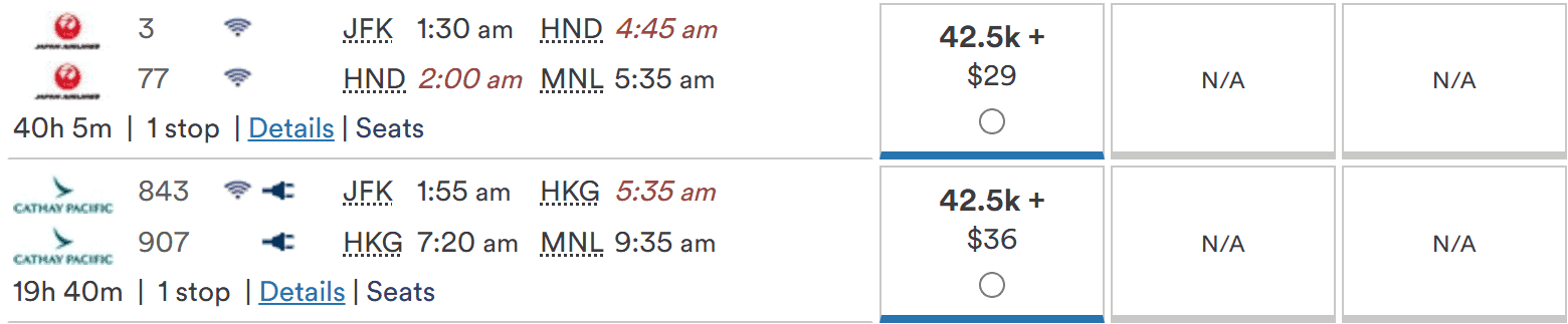 Flight options from JFK to Manila (MNL) showing Japan Airlines and Cathay Pacific itineraries with miles and cost.
