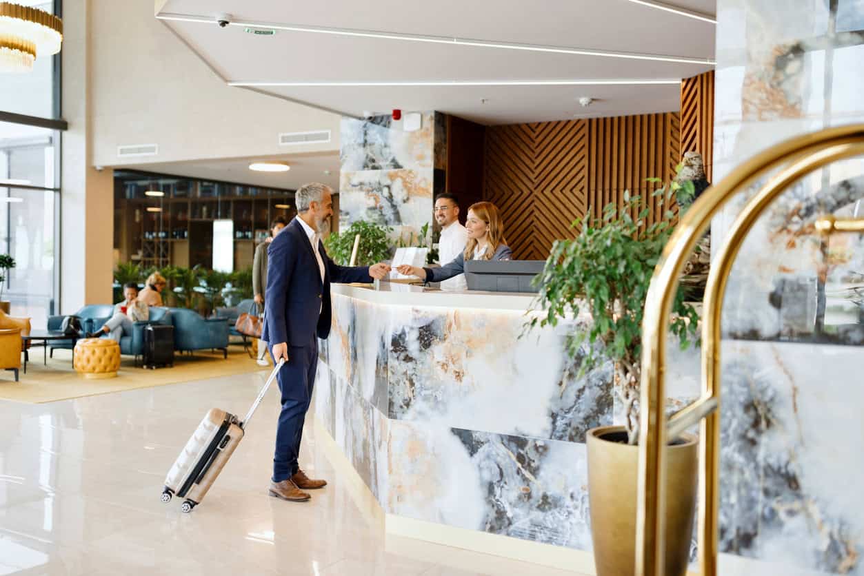 Modern hotel lobby representing using points for award stays.