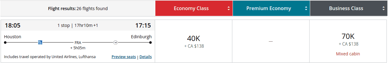 Houston to Edinburgh flight on Lufthansa showing economy and business class award prices using miles