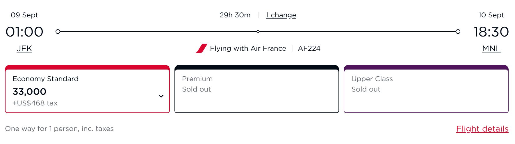 Air France award flight from JFK to Manila in economy for 33,000 miles plus $468 tax