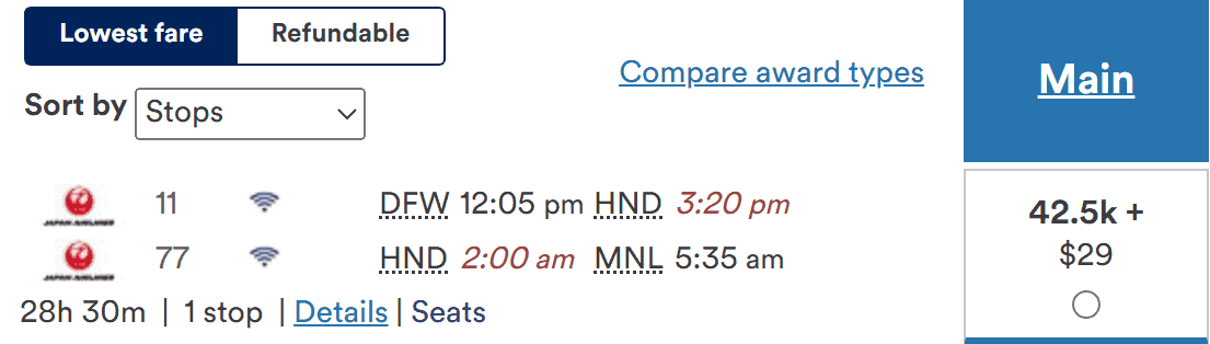 Japan Airlines flight itinerary from Dallas-Fort Worth (DFW) to Manila (MNL) with a stop in Tokyo (HND), costing 42,500 miles plus $29.