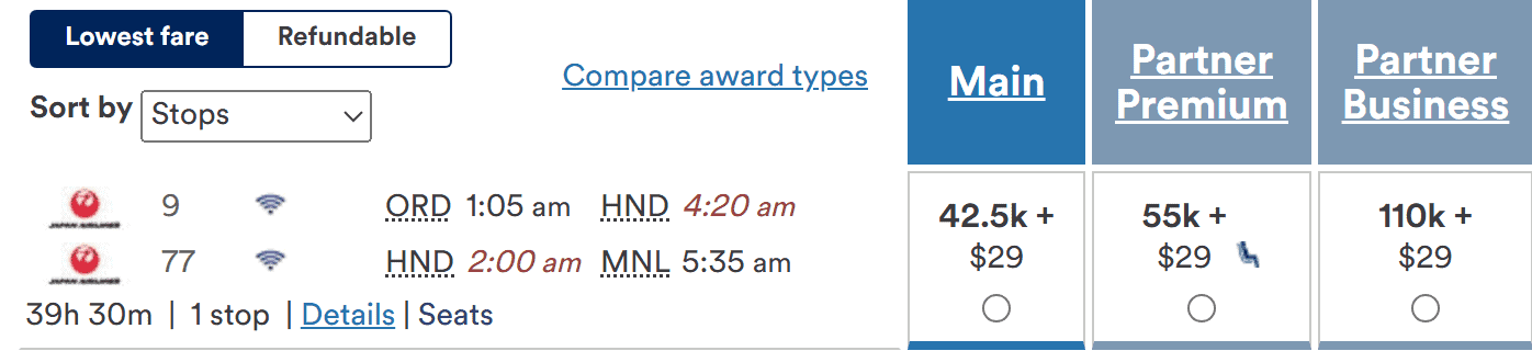 Japan Airlines flight options from Chicago (ORD) to Manila (MNL) with fares for main, partner premium, and partner business class.
