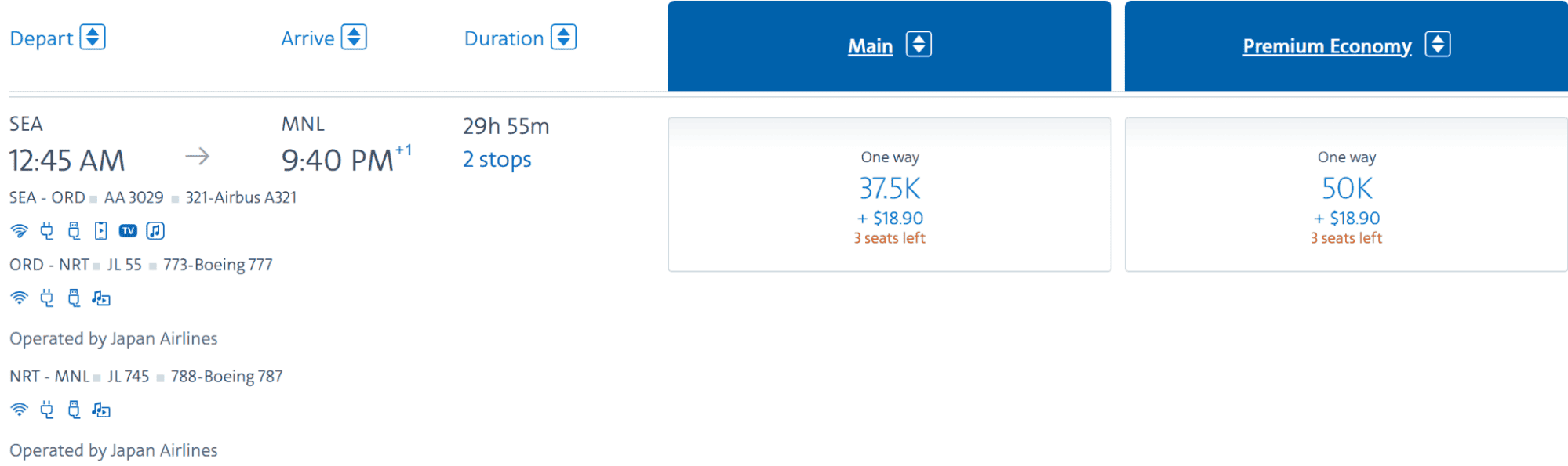 Japan Airlines flight itinerary from Seattle (SEA) to Manila (MNL) with fares for main cabin and premium economy.