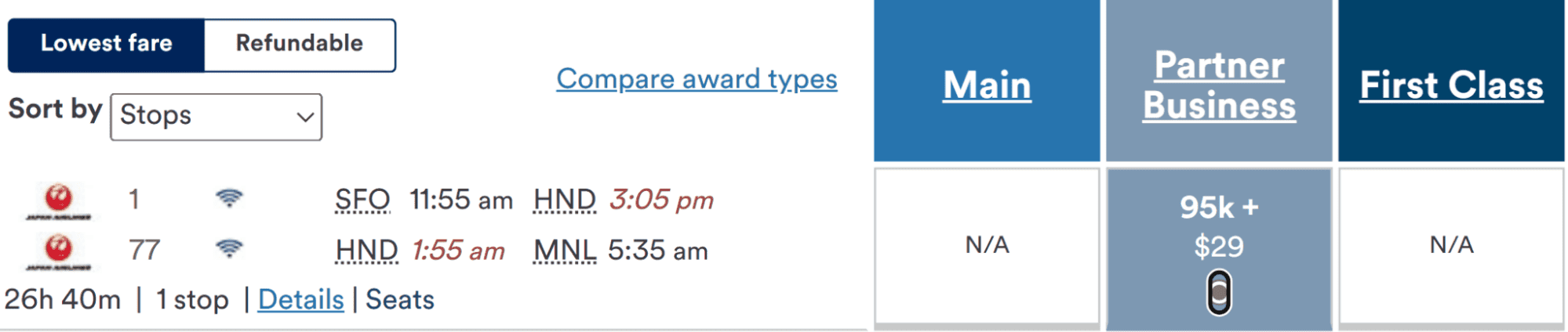 Japan Airlines flight itinerary for business class from San Francisco (SFO) to Manila (MNL), costing 95,000 miles plus $29.
