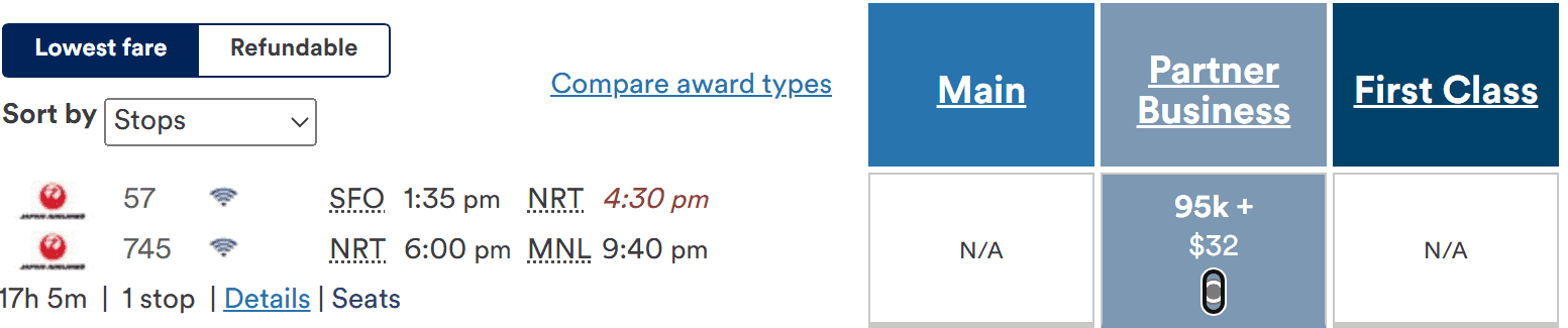 Japan Airlines flight itinerary for business class from San Francisco (SFO) to Manila (MNL) with a layover in Tokyo (NRT), costing 95,000 miles plus $32.