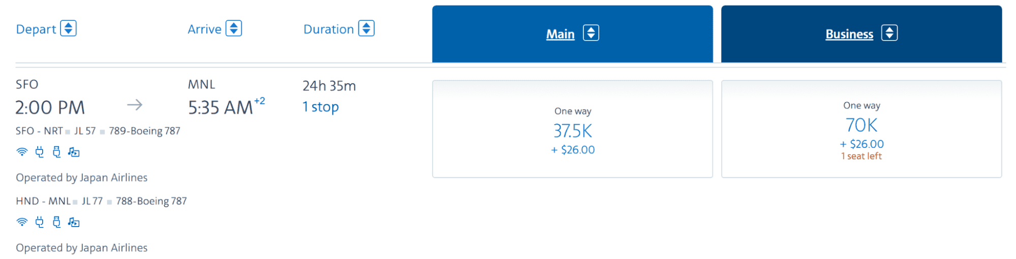 Japan Airlines flight itinerary from San Francisco (SFO) to Manila (MNL) with fares for main and business class.