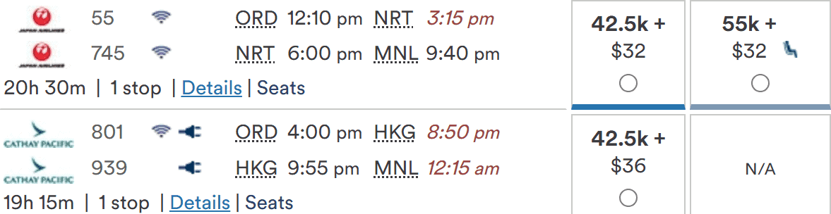 Flight options from Chicago (ORD) to Manila (MNL) showing itineraries for Japan Airlines and Cathay Pacific with fares.