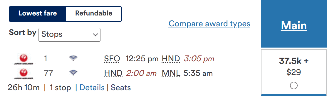 Japan Airlines flight itinerary from San Francisco (SFO) to Manila (MNL) with a layover in Tokyo (HND), costing 37,500 miles plus $29.