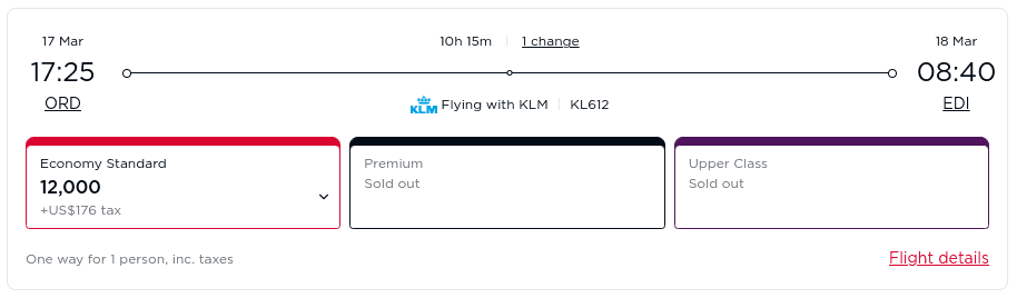 KLM flight from Chicago O’Hare to Edinburgh showing economy award fare for March 2025