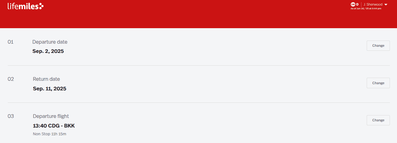Lifemiles booking confirmation showing Thai Airways nonstop flight from Paris to Bangkok in September 2025.