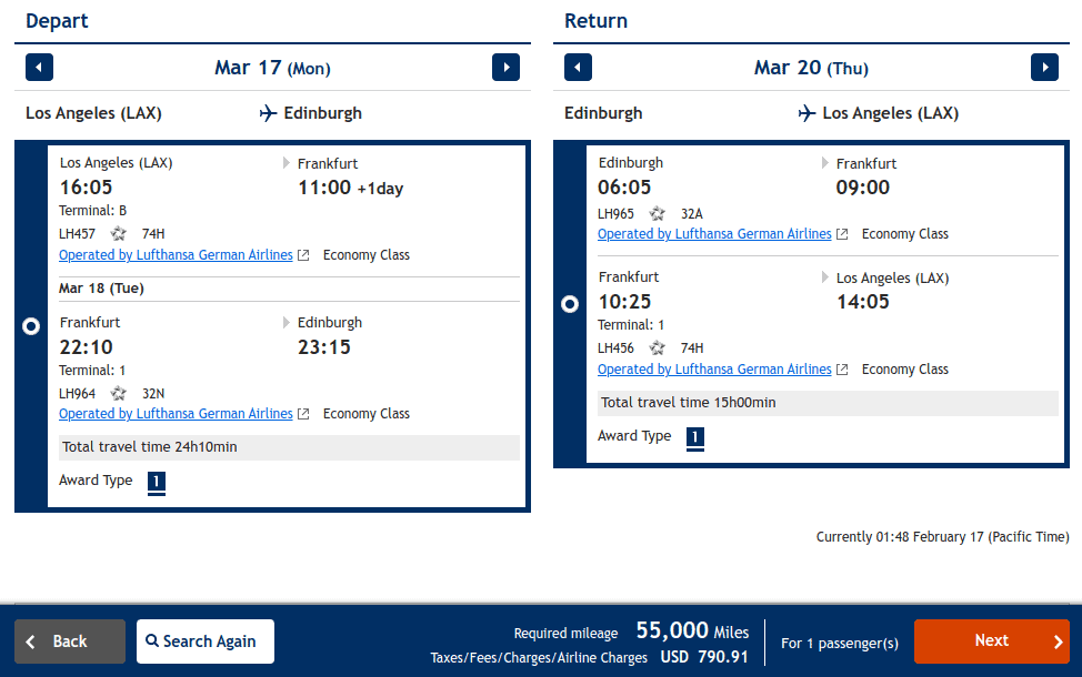 Lufthansa award flight search from Los Angeles to Edinburgh showing mileage and taxes for economy class