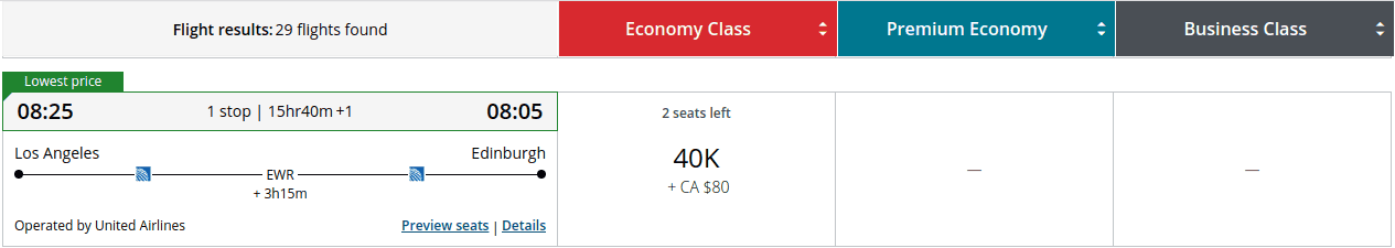 United Airlines economy award flight from Los Angeles to Edinburgh with one stop in Newark for 40,000 miles plus CA $80