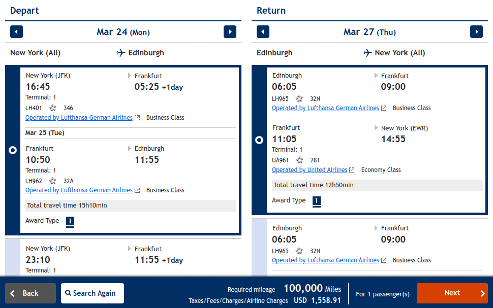 Lufthansa business class award flight from New York to Edinburgh showing round-trip booking details.