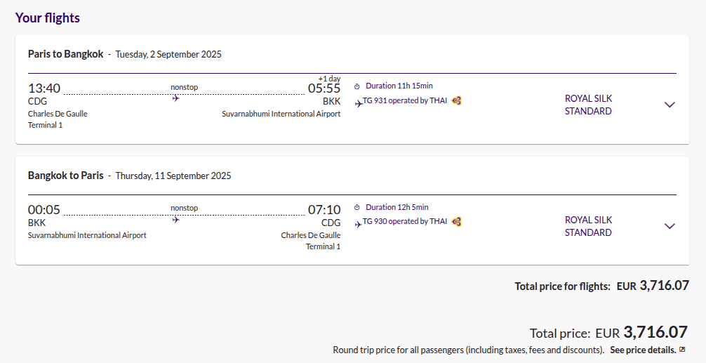 Thai Airways booking screen showing Paris to Bangkok business class Royal Silk Standard fares.