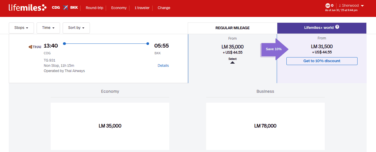 Lifemiles award booking screen for Thai Airways nonstop business class flight from Paris to Bangkok.