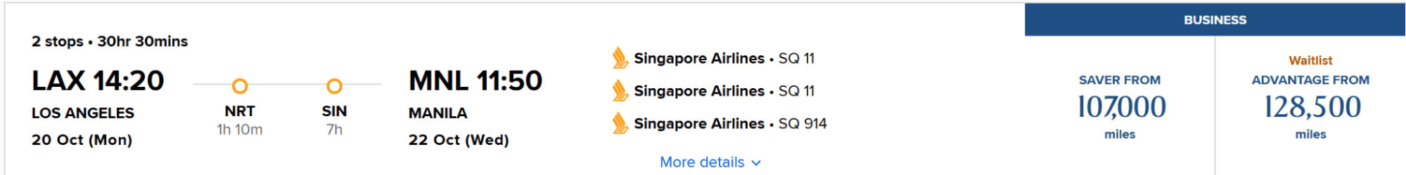 Singapore Airlines business class award chart showing 107,000 miles saver fare and 128,500 miles advantage fare from Los Angeles to Manila with stops in Tokyo and Singapore