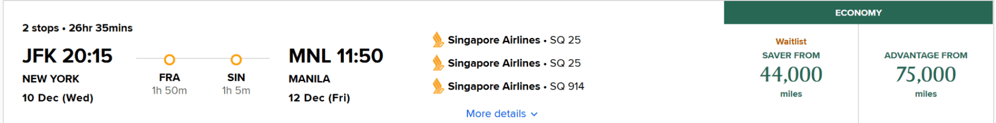 Singapore Airlines economy award chart showing 44,000 miles saver and 75,000 miles advantage from New York JFK to Manila with stopovers