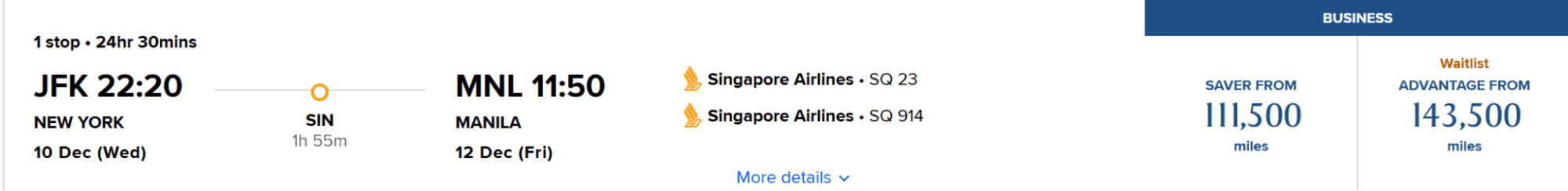 Singapore Airlines award chart showing business class flight from New York JFK to Manila via Singapore for 111,500 miles saver or 143,500 miles advantage.