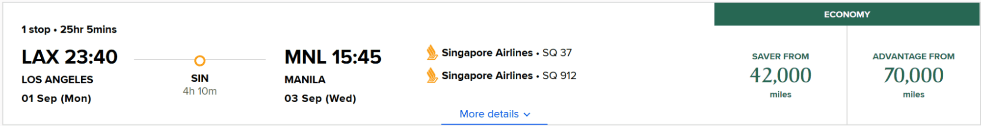 Singapore Airlines flight from Los Angeles (LAX) to Manila (MNL) with a layover in Singapore (SIN), costing 42,000 or 70,000 miles.