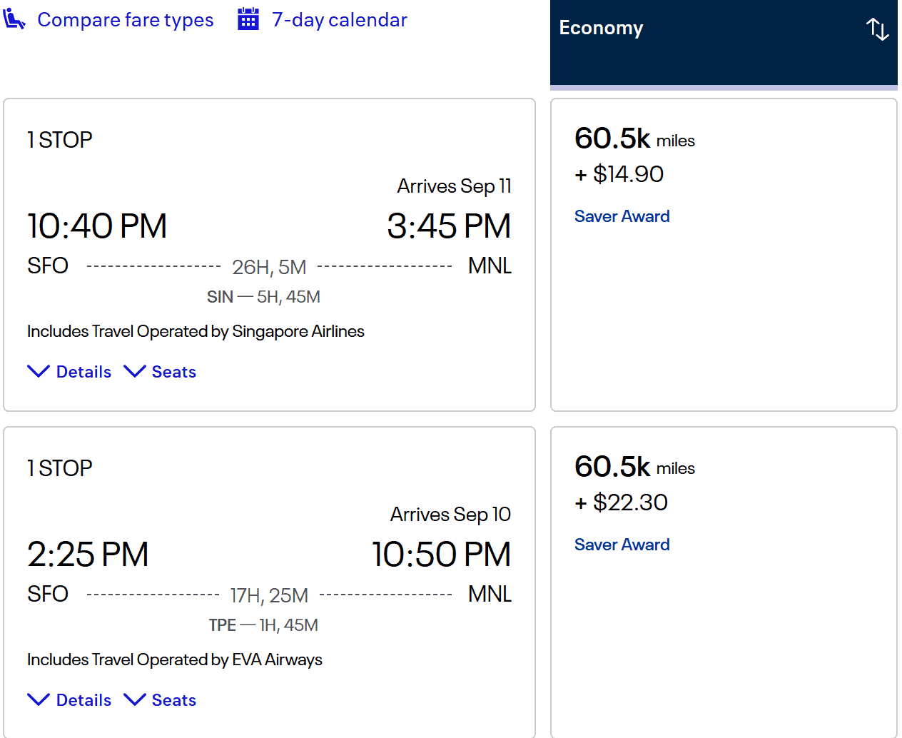 Flight options from San Francisco (SFO) to Manila (MNL) showing itineraries for Singapore Airlines and EVA Airways in economy class.