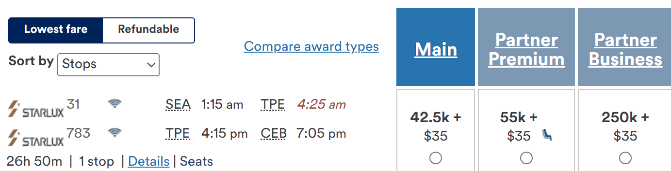 Starlux Airlines flight options from Seattle (SEA) to Cebu (CEB) with fares for main, partner premium, and partner business class.