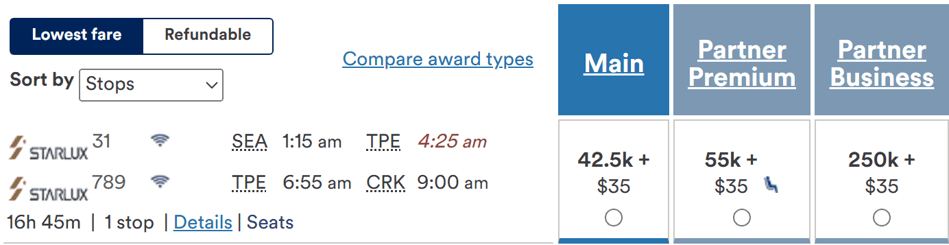 Starlux Airlines award flight from Seattle to Clark via Taipei showing economy, premium, and business class miles with fees