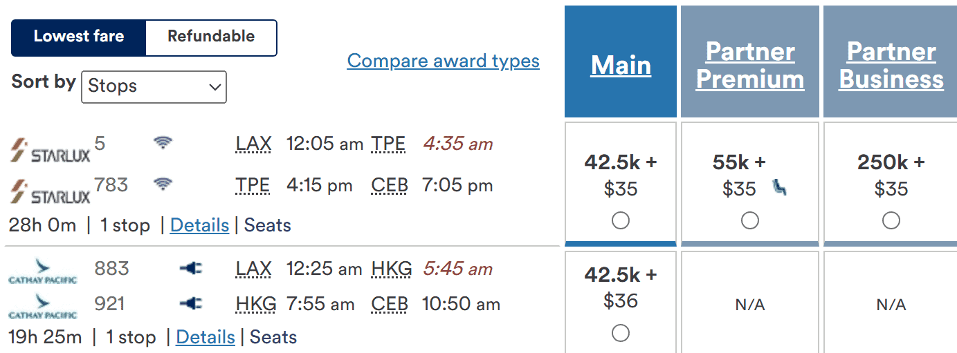 Flight options from Los Angeles (LAX) to Cebu (CEB) showing itineraries for Starlux and Cathay Pacific with fares for different classes.