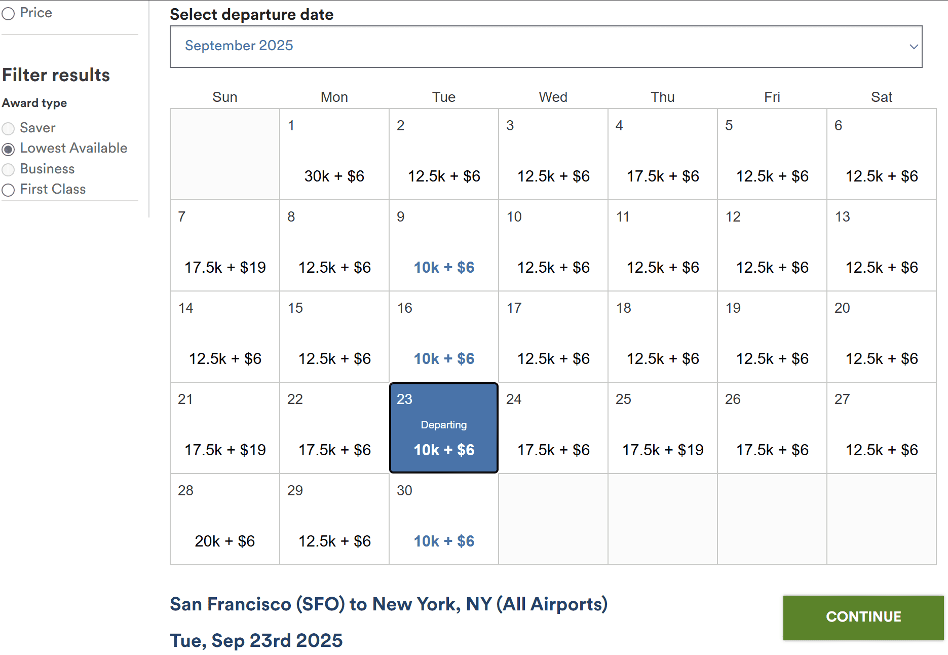 United Airlines award calendar for September 2025 showing MileagePlus miles required from San Francisco to New York.