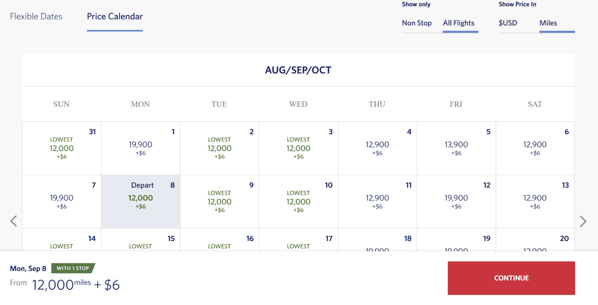 United Airlines MileagePlus price calendar for September 2025 showing lowest miles required for flights.