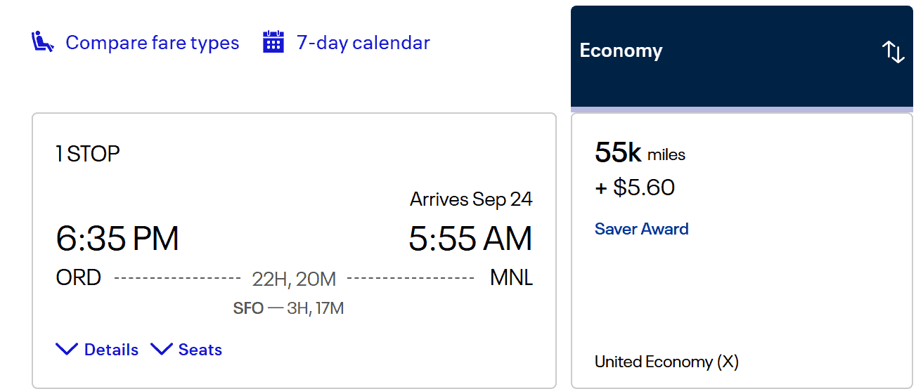 United Airlines flight itinerary with one stop from Chicago (ORD) to Manila (MNL) in economy class, costing 55,000 miles plus $5.60.