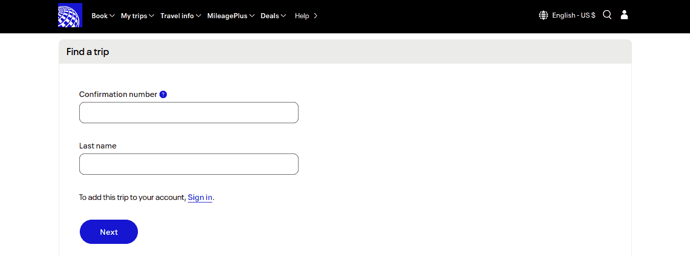 United Airlines website - manage booking