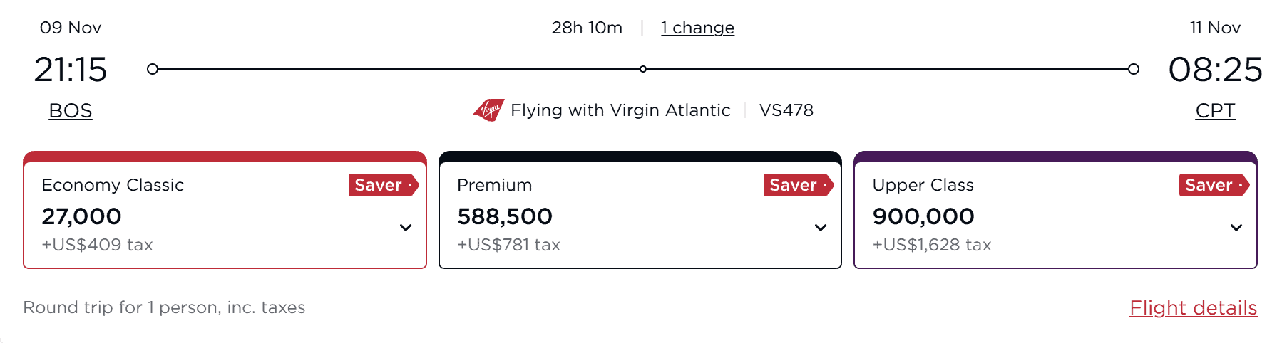 Virgin Atlantic reward flight from Boston to Cape Town in November 2025 with Economy, Premium, and Upper Class Saver fares.