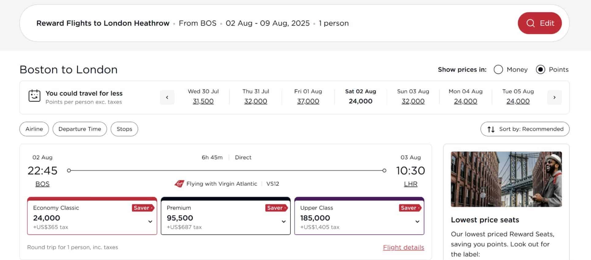 Virgin Atlantic reward flights from Boston to London in August 2025 showing Economy, Premium, and Upper Class options.