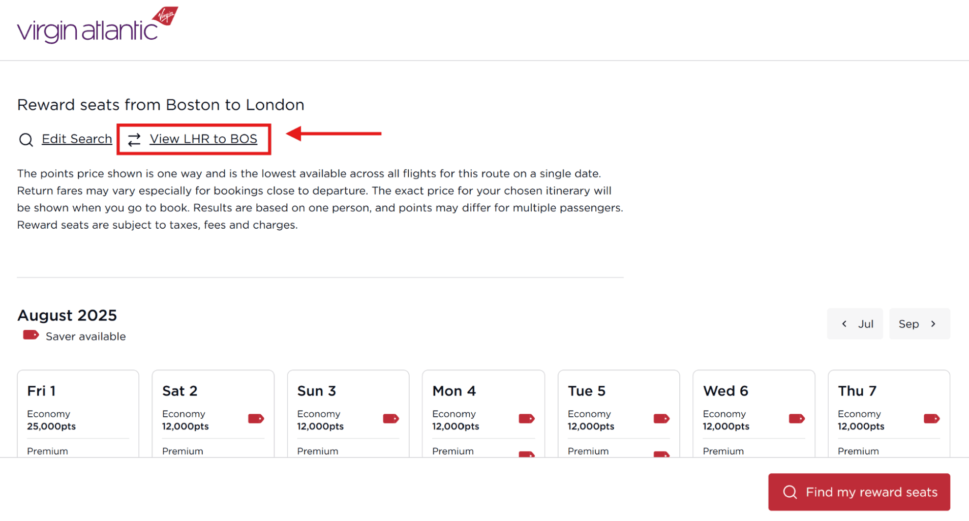Virgin Atlantic reward seat availability from Boston to London in August 2025