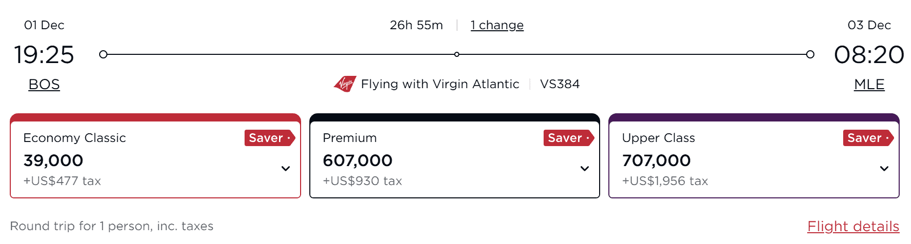 Virgin Atlantic reward flight from Boston to Maldives in December 2025 with Economy, Premium, and Upper Class points required.