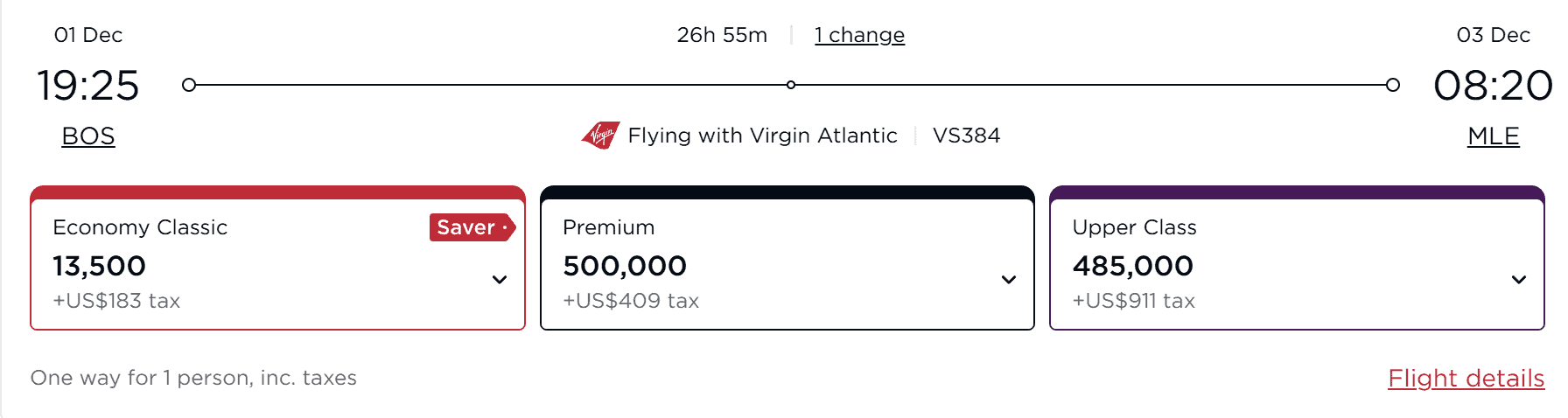 Virgin Atlantic reward flight from Boston to Maldives in December 2025 with Economy, Premium, and Upper Class award costs.