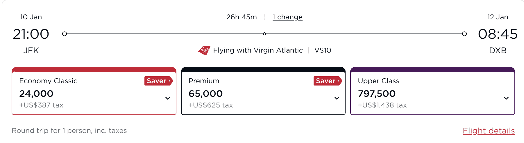 Virgin Atlantic reward flight from New York JFK to Dubai in January 2026 with Economy, Premium, and Upper Class options.